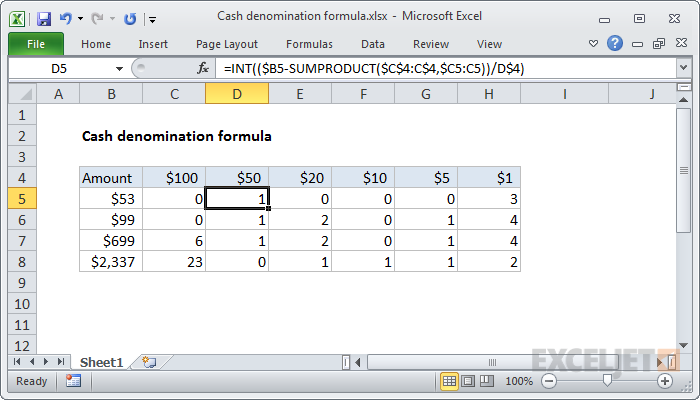 Cash Denomination Calculator Excel Formula Exceljet